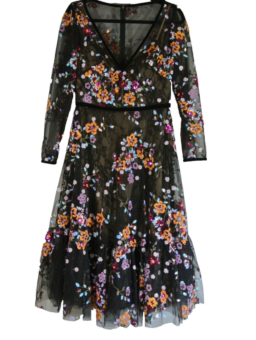 New, Mac Duggal Floral Embroidered Tea Length Dress in Black Sz 6 #MD2208 - Picture 5 of 9